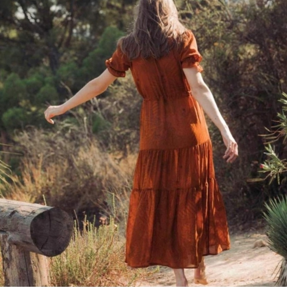 Christy Dawn Rustic Burnt Orange Tiered Button-Front Maxi Dress - Picture 3 of 9